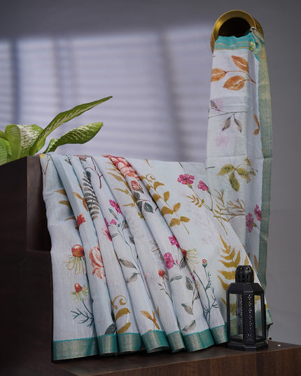 Linen Jute Floral Print With Zari Border - Sky Blue