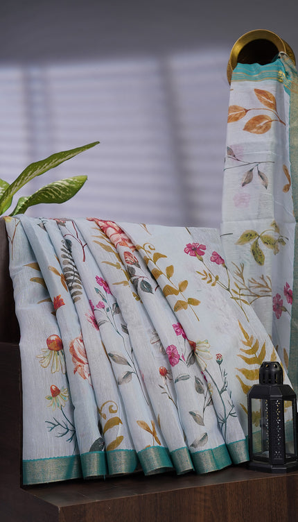 Linen Jute Floral Print With Zari Border - Sky Blue