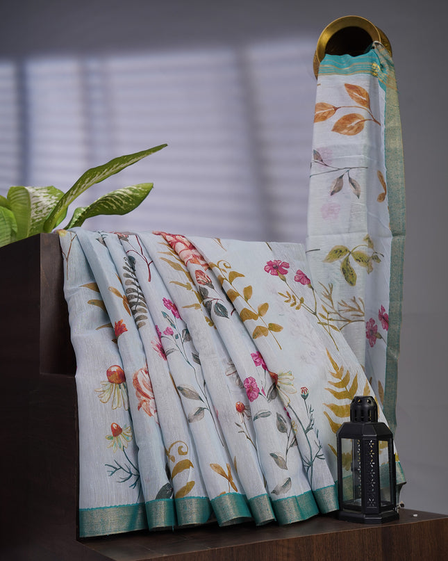 Linen Jute Floral Print With Zari Border - Sky Blue