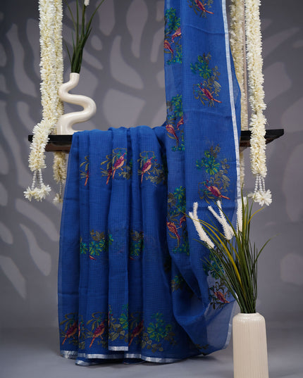Kota Saree with Thread work Butties Silver Zari Border- Blue