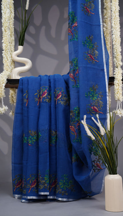 Kota Saree with Thread work Butties Silver Zari Border- Blue