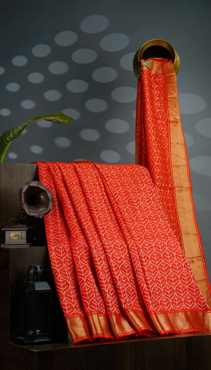 Ikkat Silk Saree with Kaddi Border- Orange