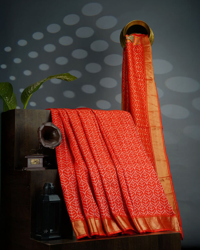 Ikkat Silk Saree with Kaddi Border- Orange