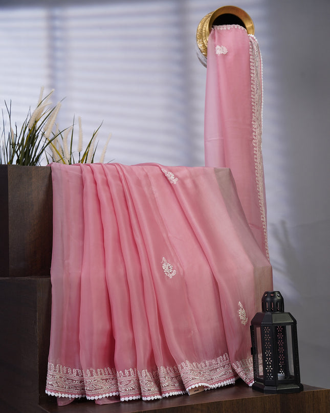 Soft Tissue Organza Silk with Kantha Work Lace Border - Pink