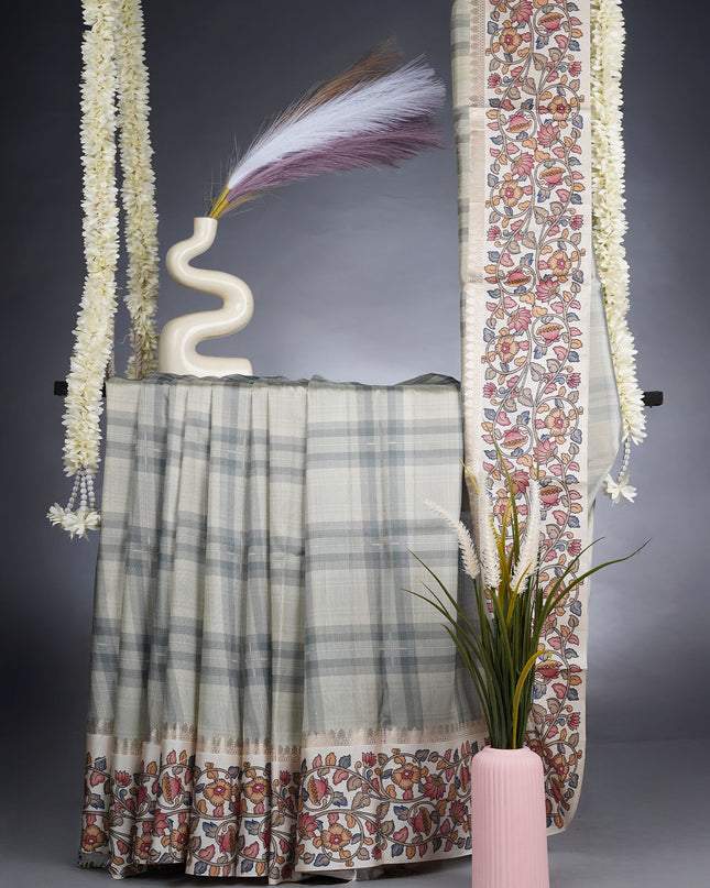 Semi Tusser Saree With Contrast Border - Green
