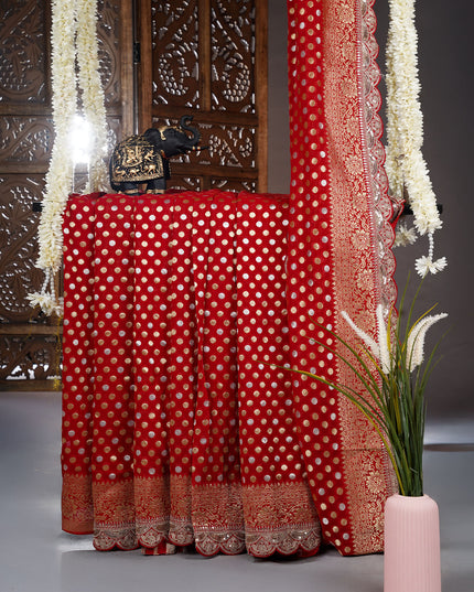 Banarasi Kaddi Georgette Saree With Gold & Silver Polka Dot With Scallop Border - Red