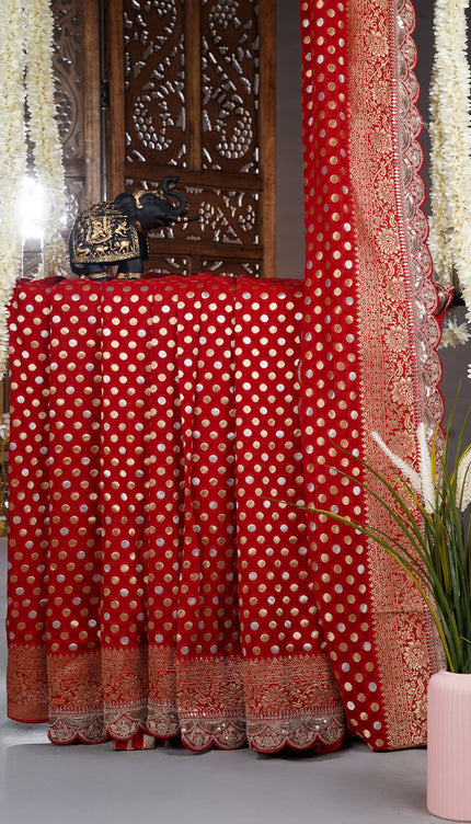 Banarasi Kaddi Georgette Saree With Gold & Silver Polka Dot With Scallop Border - Red