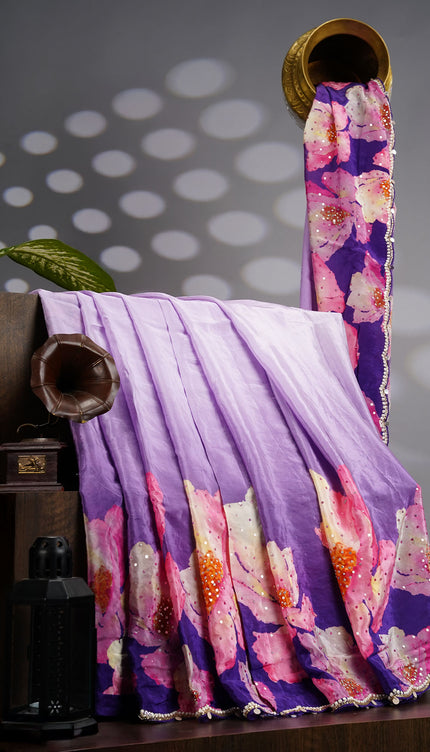 Crepe Saree With Floral Print Scallop Border Kardana Sequence Work - Lavender