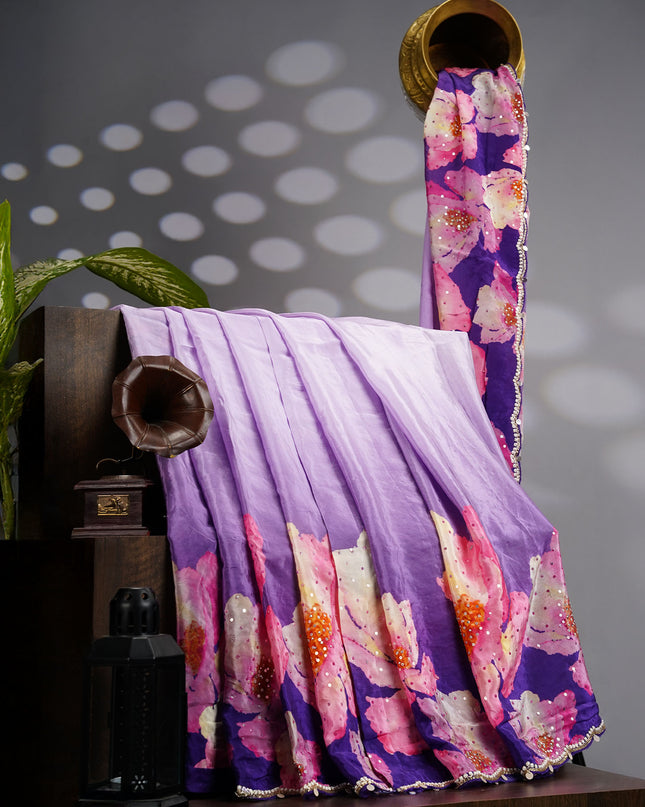 Crepe Saree With Floral Print Scallop Border Kardana Sequence Work - Lavender