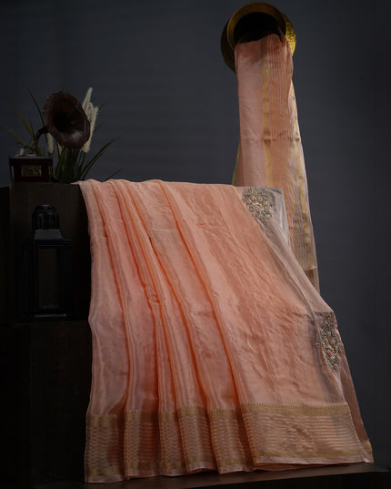 Russian Crape with Embroidery Buttis Banaras Border - Orange