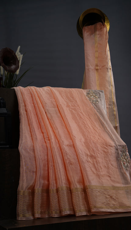 Russian Crape with Embroidery Buttis Banaras Border - Orange