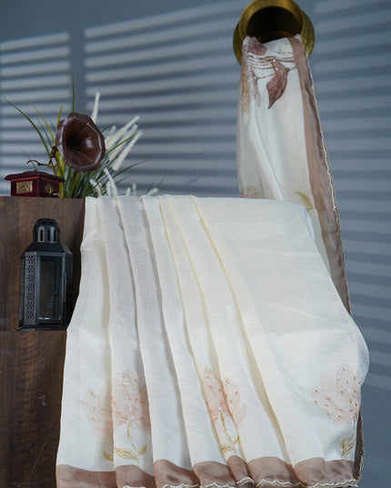 Tissue Lenin Floral Digital Print with Scallop Border Kardhana and Pearl Work- Brown