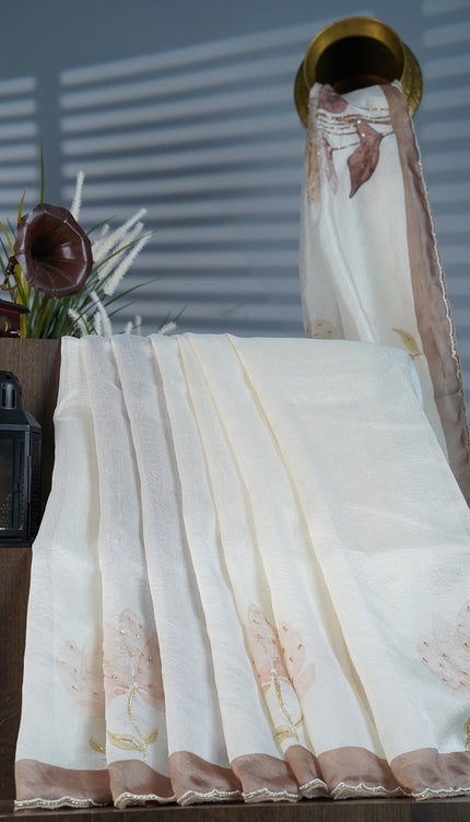 Tissue Lenin Floral Digital Print with Scallop Border Kardhana and Pearl Work- Brown