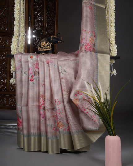 Tusser silk saree with weaving checks and zari border - Lite Pink