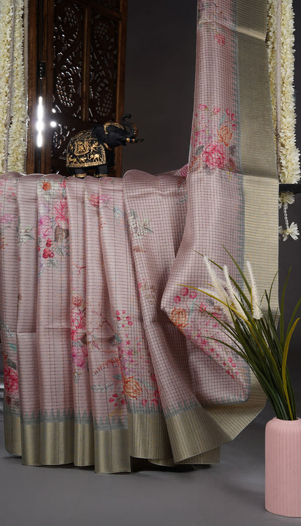 Tusser silk saree with weaving checks and zari border - Lite Pink