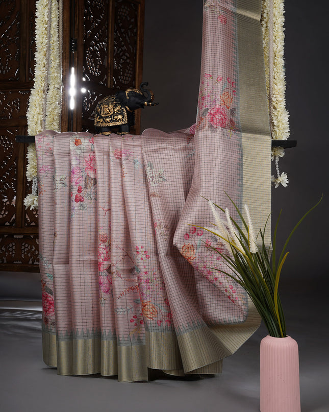 Tusser silk saree with weaving checks and zari border - Lite Pink