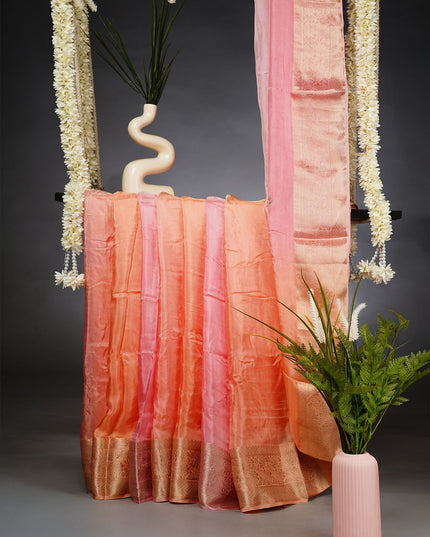 Russian Crepe Pull and Kardhana Butties Golden Stripes Banaras Border- Orange