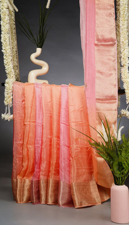 Russian Crepe Pull and Kardhana Butties Golden Stripes Banaras Border- Orange