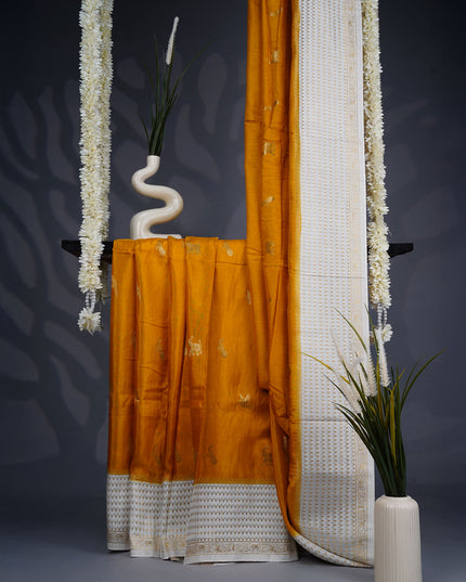 Dola Silk Saree with Golden Butties and Contrast Border- Yellow