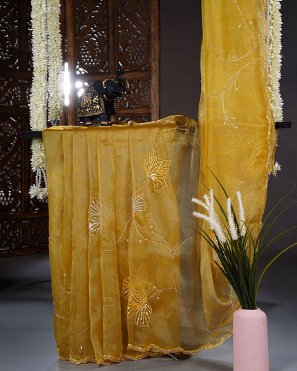 Tissue Organza saree with kardhana and sequence work and scallop border - Gold
