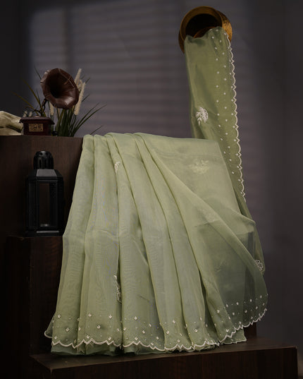 Jute Linen Tissue Pearl Work Buttis With Scallop Border - Green