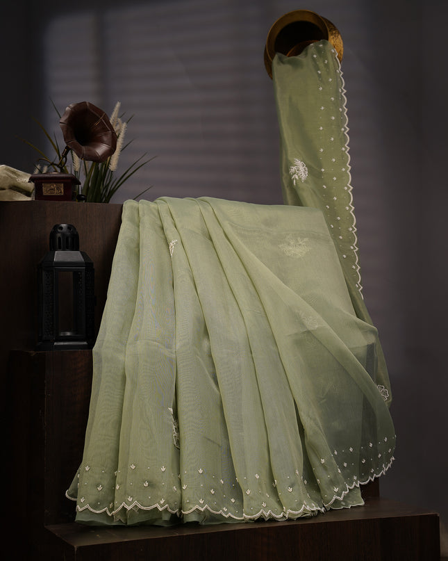 Jute Linen Tissue Pearl Work Buttis With Scallop Border - Green