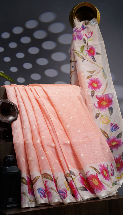 Kota Silk Saree With Thread Work Butties Floral Border - Peach
