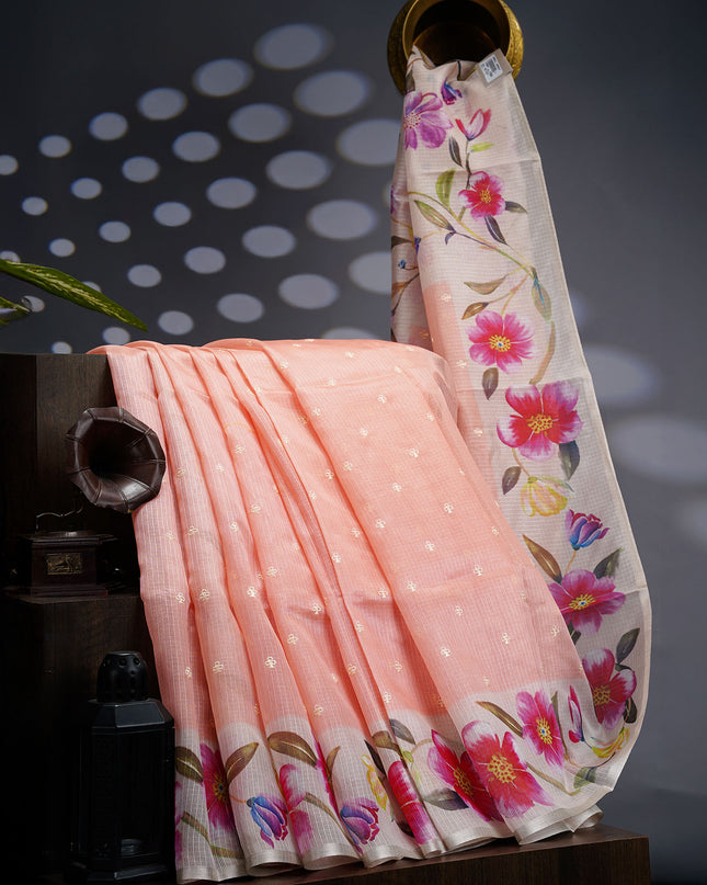 Kota Silk Saree With Thread Work Butties Floral Border - Peach