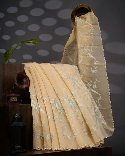 Tissue Linen Saree With Applique Work And Scallop Border - Beige