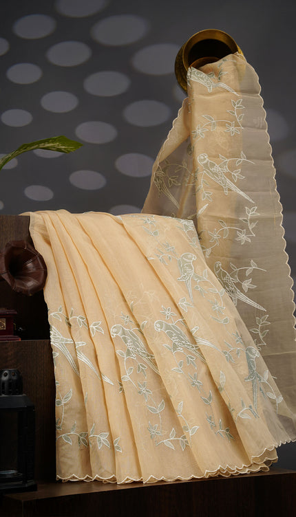 Tissue Linen Saree With Applique Work And Scallop Border - Beige