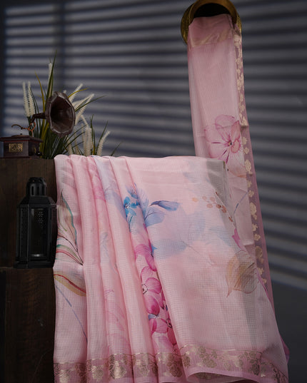 Silk Kota Floral Print with Banaras Border- Light Pink