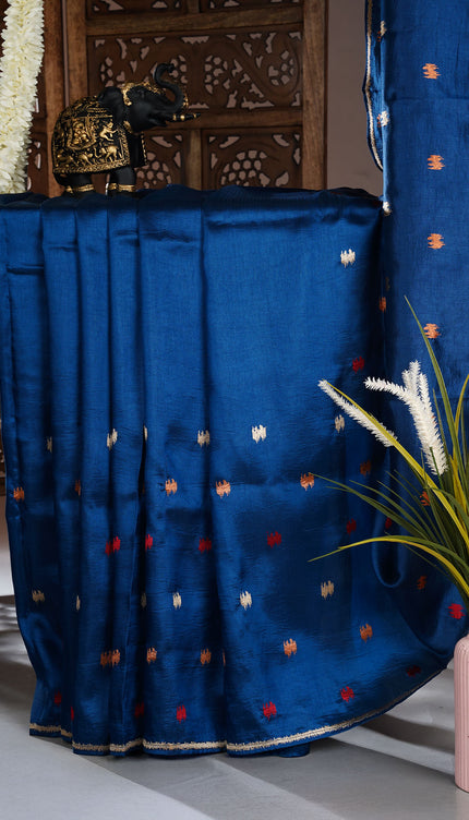 Dupion silk saree with thread butties and border - Peacok Blue