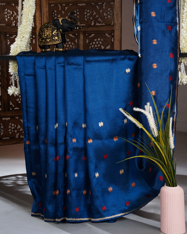 Dupion silk saree with thread butties and border - Peacok Blue