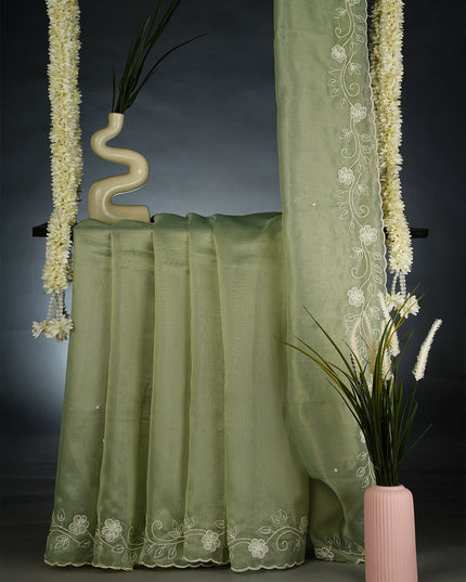 Organza Saree with Embroidery Butties and Border- Sea Green