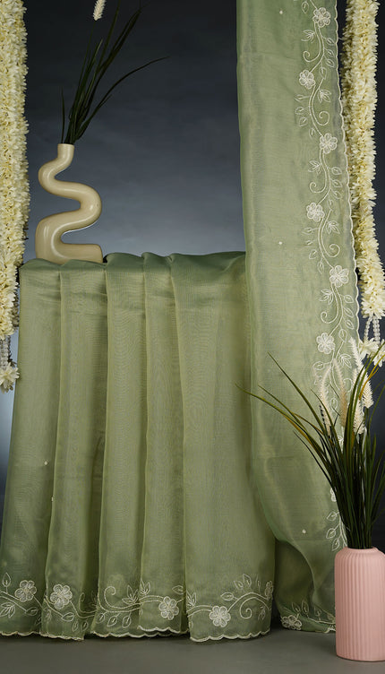 Organza Saree with Embroidery Butties and Border- Sea Green