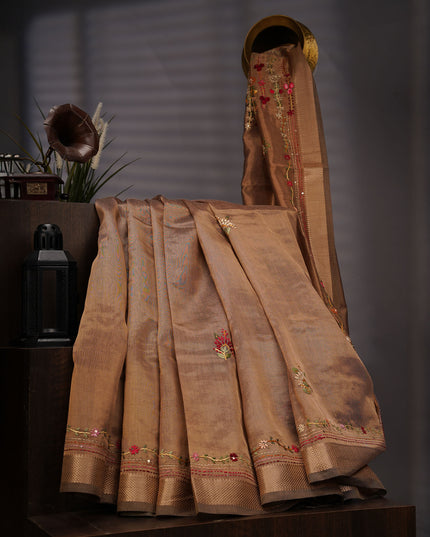 Tissue Chanderi Silk,Kanta Work With Zari Border - Brown