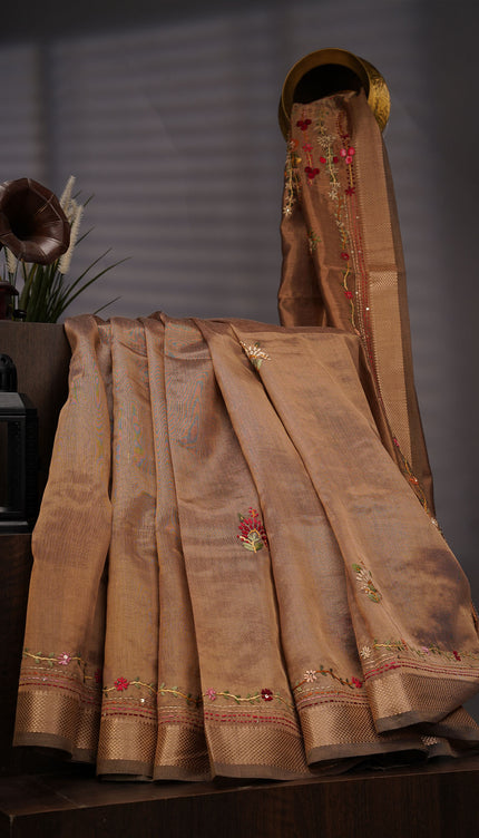 Tissue Chanderi Silk,Kanta Work With Zari Border - Brown
