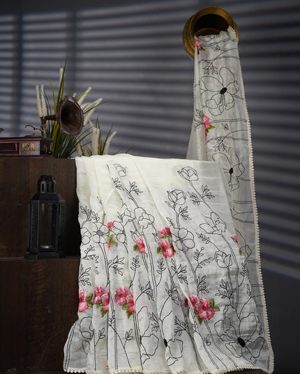 Tissue Organza Silk with Thread Embroidery Work lace Border- White