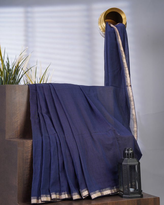 Cotton Antique Gold Zari Border - Navy Blue