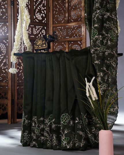 Tusser silk saree with applique and pitta work with scallop border - Bottle Green