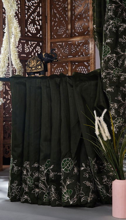 Tusser silk saree with applique and pitta work with scallop border - Bottle Green