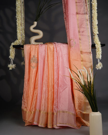 Russian Crepe Kardhana Sequence Work Butties Gold Stripes Border- Baby Pink