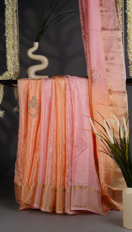 Russian Crepe Kardhana Sequence Work Butties Gold Stripes Border- Baby Pink