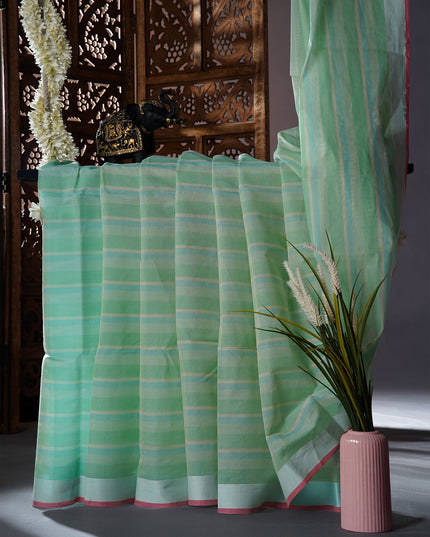 Cotton Handloom Saree with striped border  - Aqua Green