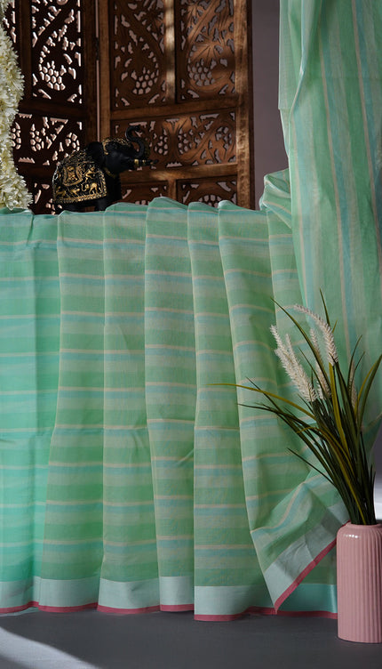 Cotton Handloom Saree with striped border  - Aqua Green