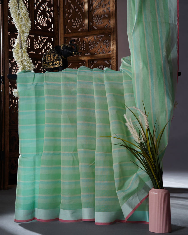 Cotton Handloom Saree with striped border  - Aqua Green