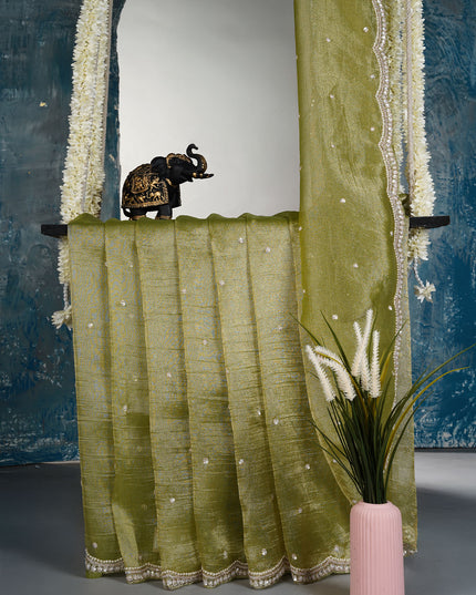 Tissue crepe saree with sequence work and scallop border - P Green