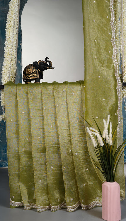 Tissue crepe saree with sequence work and scallop border - P Green