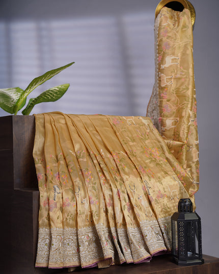 Tissue Soft Organza Silk with Zari & Thread Embroidery, Pichwai design - Light Green