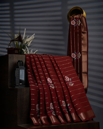 Chanderi Silk Saree With Thread Embroidery Butties And Gold Zari - Maroon